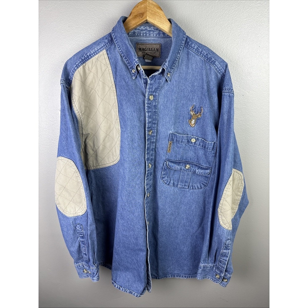 Magellan Sportswear Denim Shirt Mens Sz L Quilted Patch Buck Hunting Shooting